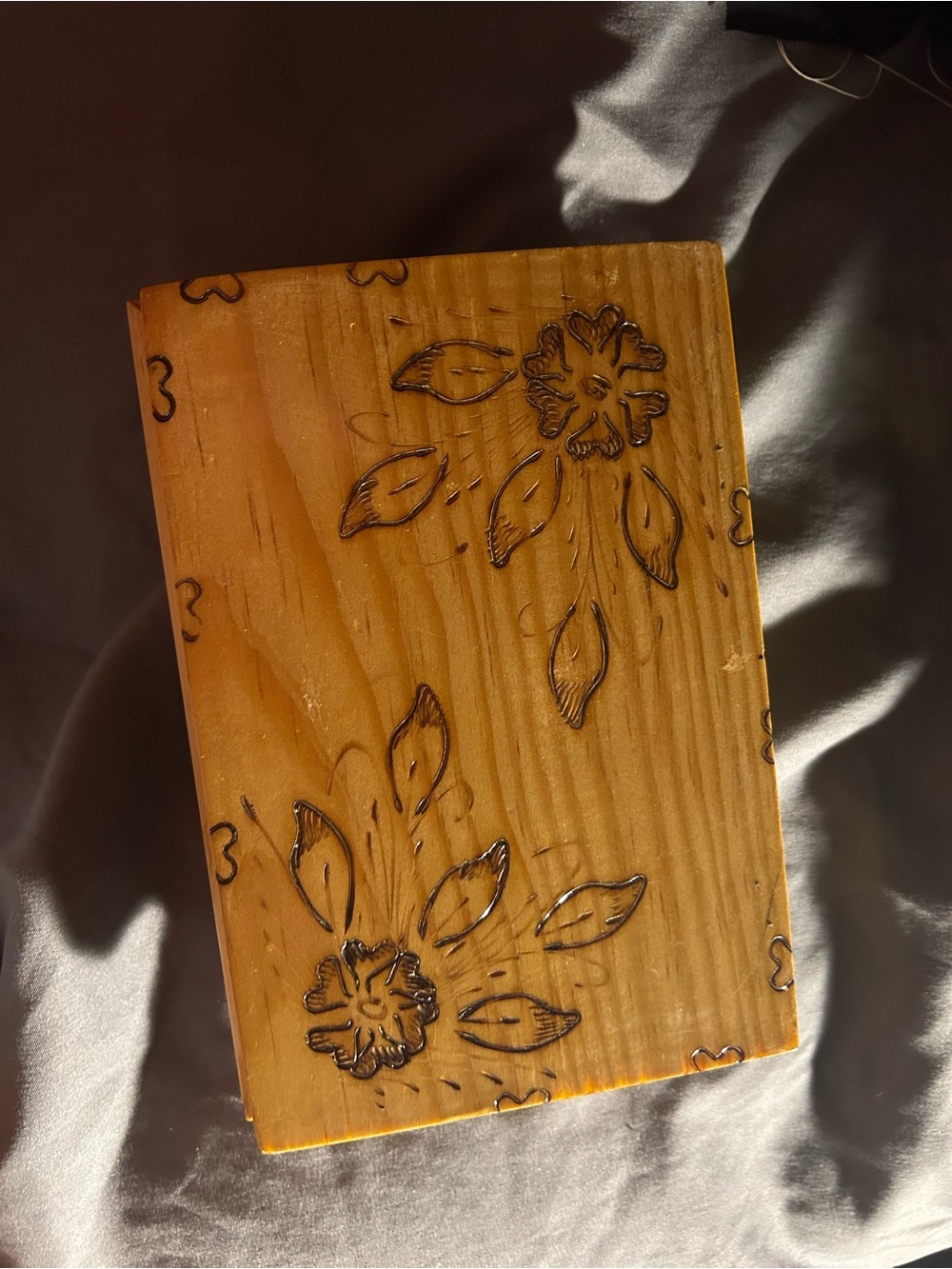 Vintage Wooden Jewelry Box Trinket Chest Engraved Flowers Mexico Velvet Lined